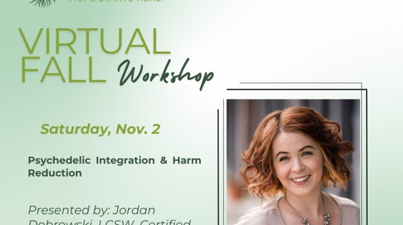 Image of white auburn-haired woman on a green backdrop advertising a Virtual Fall Workshop on Nov 2, 2024 at the Haymarket Center on Psychedelic Integration & Harm Reduction