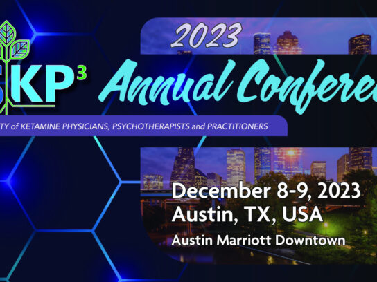 Primarily Blue, Black and Green graphic with the following text: ASKP3 2023 Annual Conference. American Society of Ketamine Physicians, Psychotherapists, and Practitioners. December 8-9, 2023. Austin, TX, USA. Austin Marriot Downtown