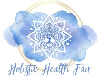 White mandala on a blue and gold water color image; text below reads: Holistic Health Fair