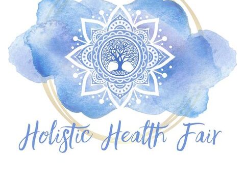 White mandala on a blue and gold water color image; text below reads: Holistic Health Fair