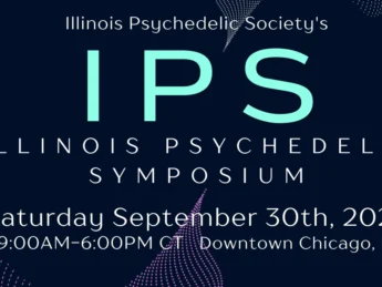 White and light blue text on dark navy background. Text reads: Illinois Psychedelic Society IPS Illinois Psychedelic Symposium Saturday September 30th, 2023 9am to 6pm CT Downtown Chicago