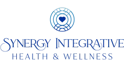 Blue logo for Synergy Integrative Health & Wellness. Icon above text shows a blue heart inside multiple circles.